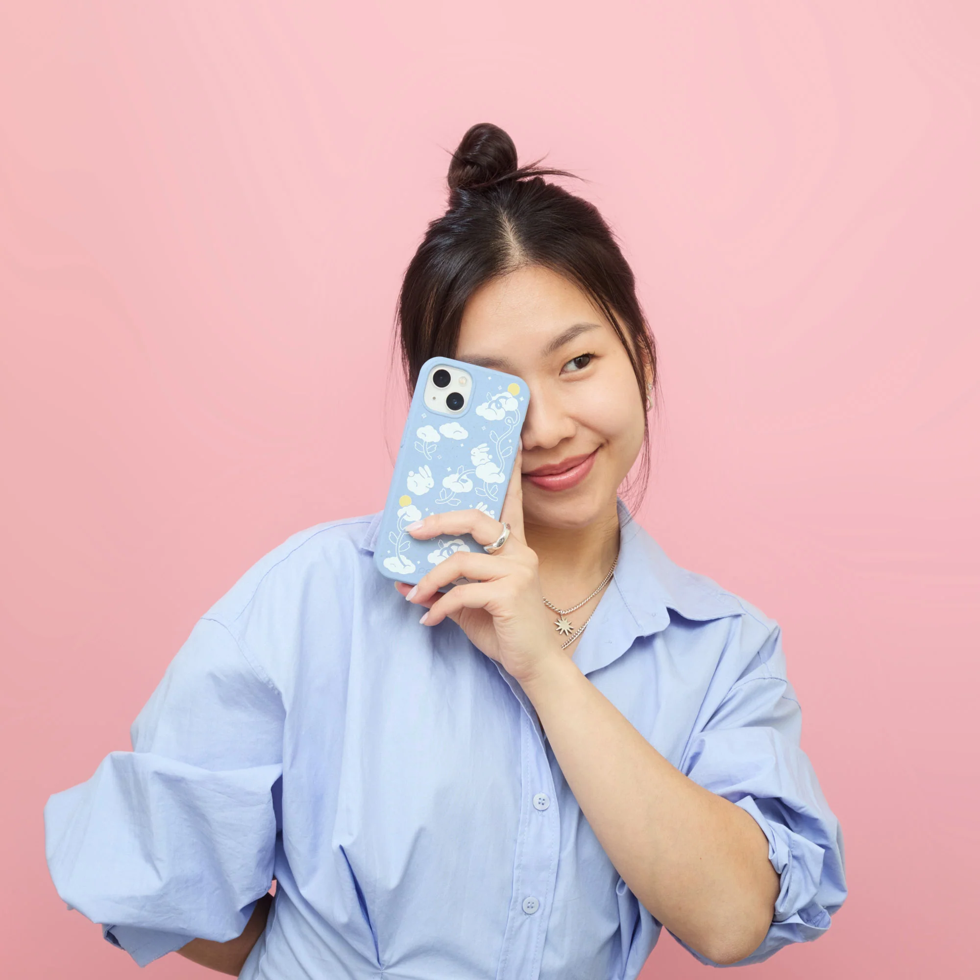 Powder Blue Fluffy Flower iPhone 16 Plus Case - Image 4